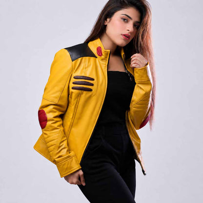 Women's Yellow Real Sheepskin Leather Cosplay Jacket with Stand Up Collar