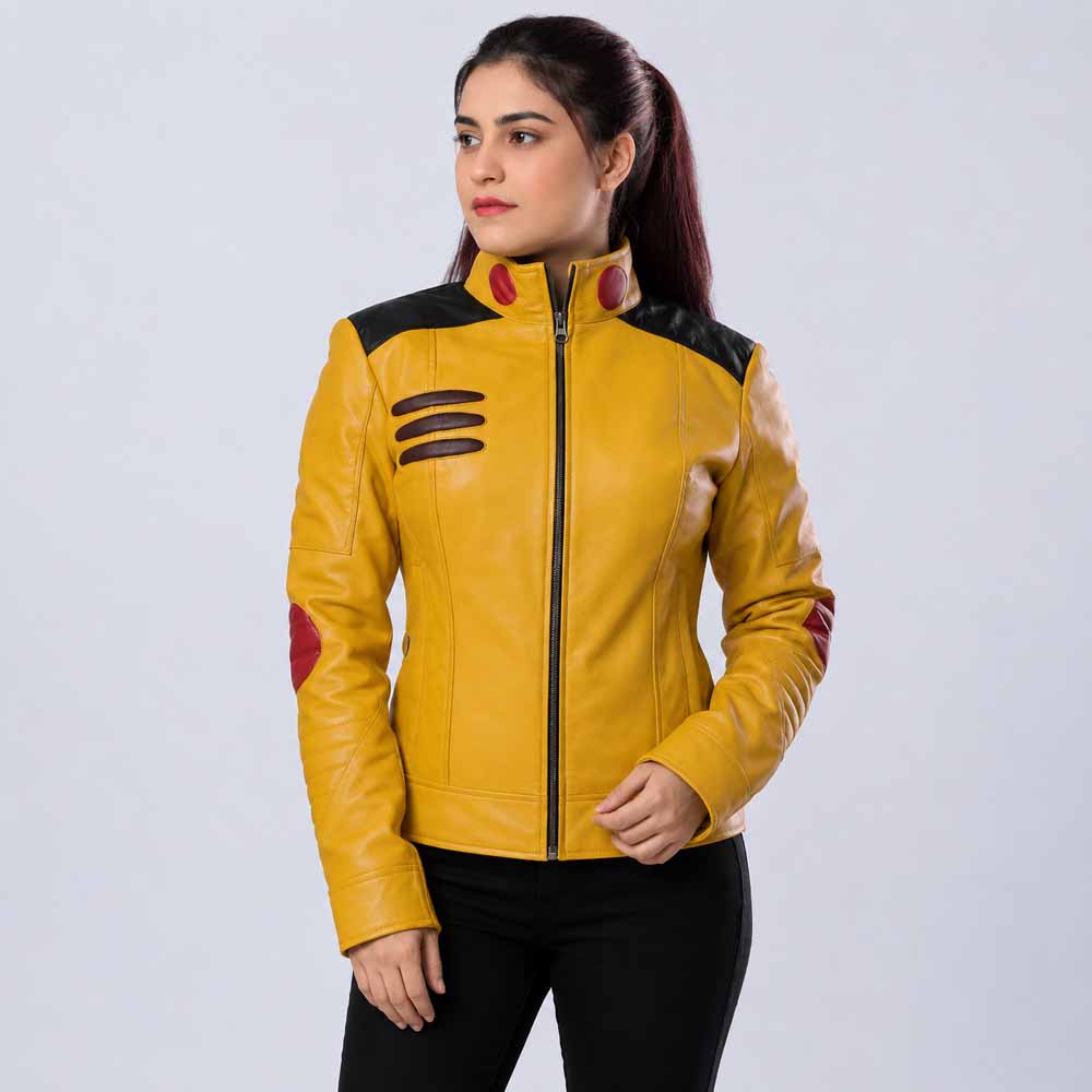 Women's Yellow Real Sheepskin Leather Cosplay Jacket with Stand Up Collar