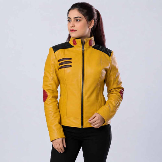 Women's Yellow Real Sheepskin Leather Cosplay Jacket with Stand Up Collar