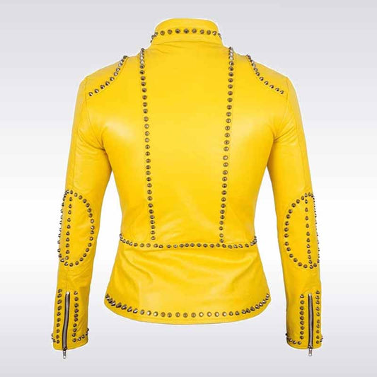 Women’s Yellow Studded Leather Biker Jacket