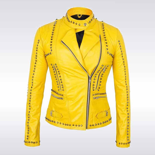 Women’s Yellow Studded Leather Biker Jacket