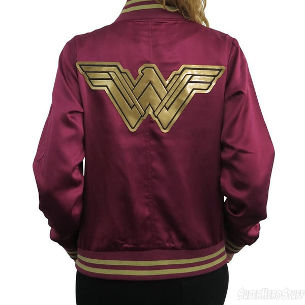 Wonder Women's Logo Maroon Bomber Satin Jacket