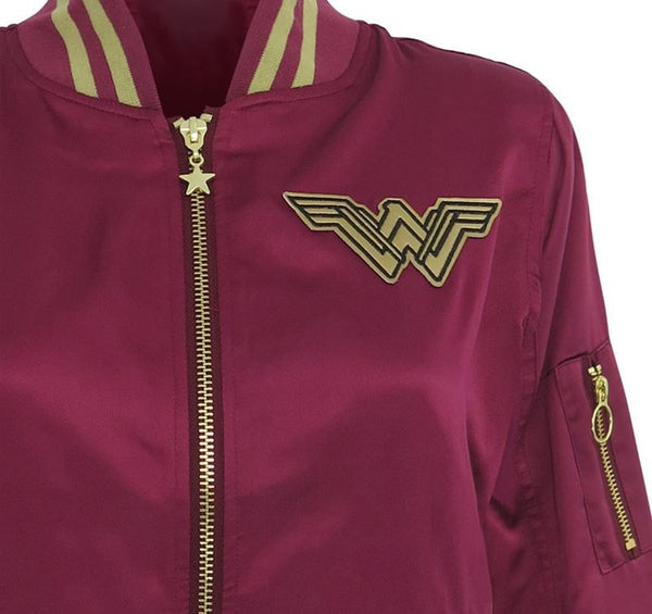 Wonder Women's Logo Maroon Bomber Satin Jacket