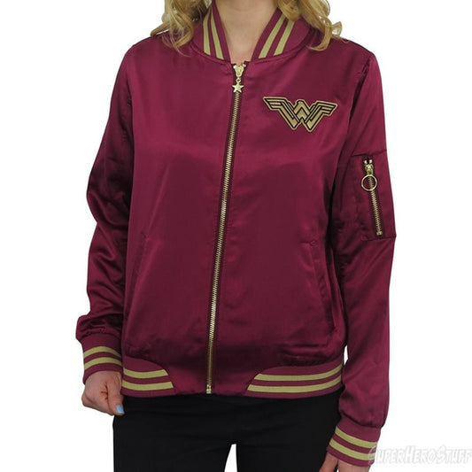 Wonder Women's Logo Maroon Bomber Satin Jacket