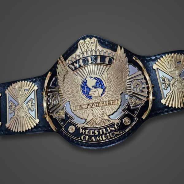 Men's Gold Genuine Leather WWF Winged Eagle Championship Belt with Dual Plated Center Plate