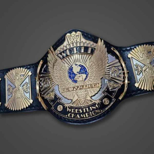 Men's Gold Genuine Leather WWF Winged Eagle Championship Belt with Dual Plated Center Plate