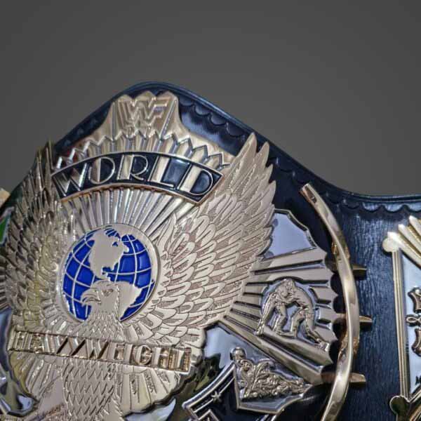 Men's Gold Genuine Leather WWF Winged Eagle Championship Belt with Dual Plated Center Plate