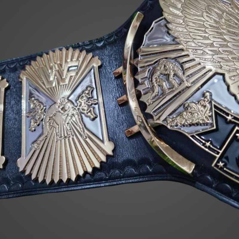 Men's Gold Genuine Leather WWF Winged Eagle Championship Belt with Dual Plated Center Plate
