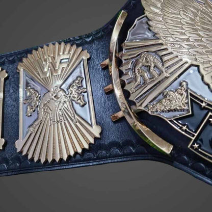Men's Gold Genuine Leather WWF Winged Eagle Championship Belt with Dual Plated Center Plate
