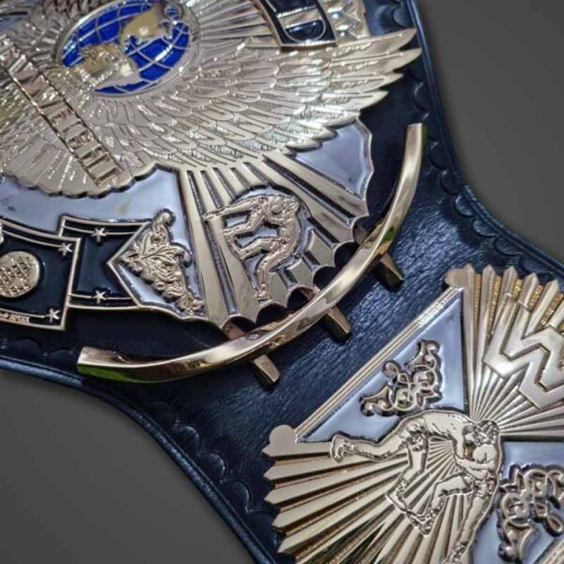 Men's Gold Genuine Leather WWF Winged Eagle Championship Belt with Dual Plated Center Plate