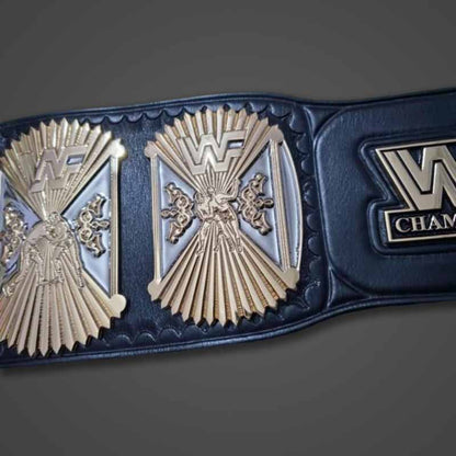 Men's Gold Genuine Leather WWF Winged Eagle Championship Belt with Dual Plated Center Plate