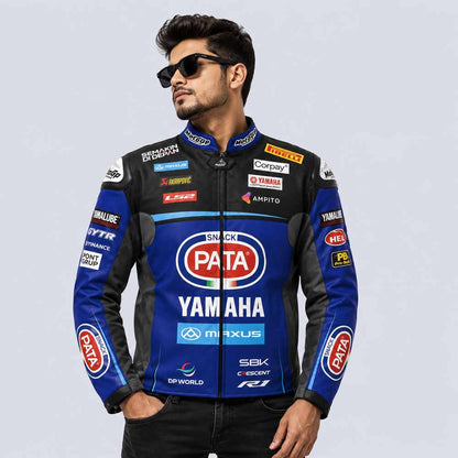 MotoGP Yamaha Xavi Vierge Jacket in Blue and Black Leather with CE Armor Racing Style