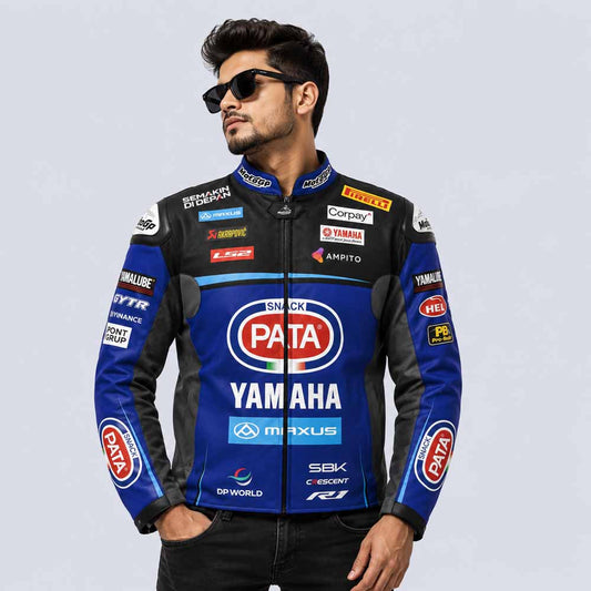 MotoGP Yamaha Xavi Vierge Jacket in Blue and Black Leather with CE Armor Racing Style
