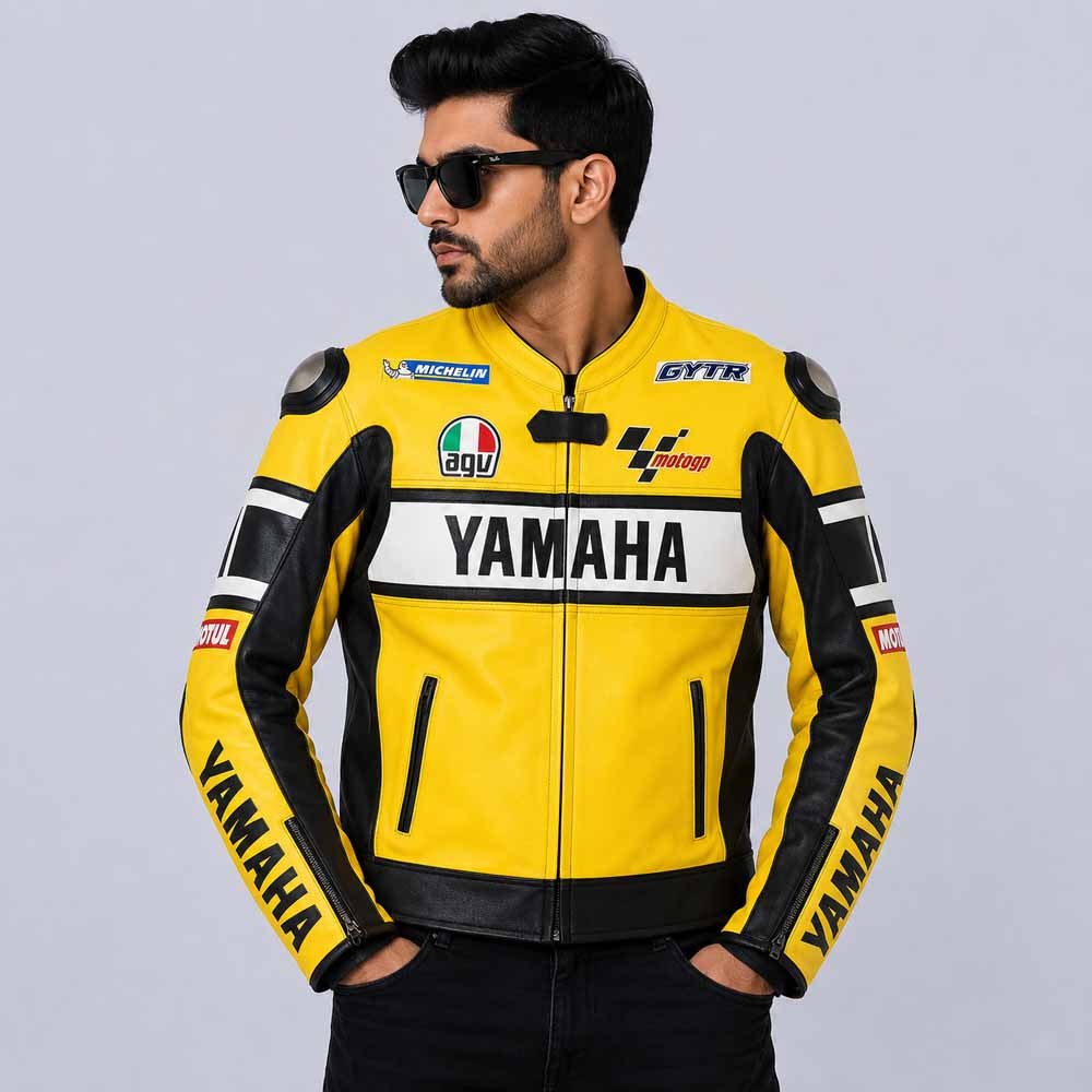 Men's Yamaha Racing Yellow Leather Jacket with Genuine Leather Performance Fit