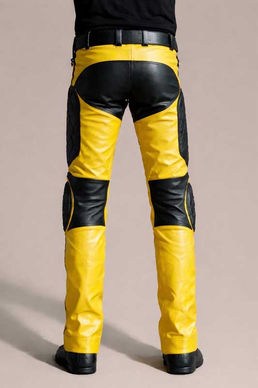 Yellow and Black Leather Biker Pants Quilted Knee
