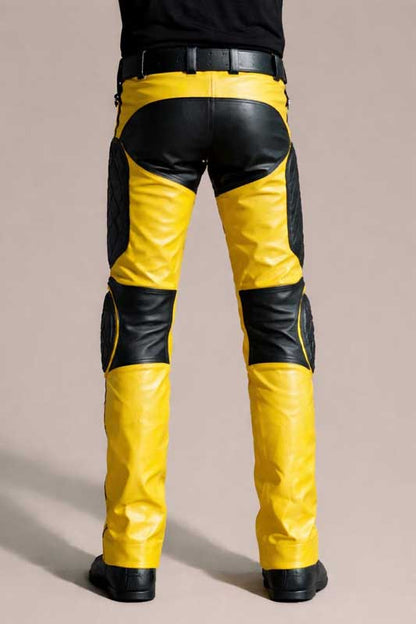 Yellow and Black Leather Biker Pants Quilted Knee