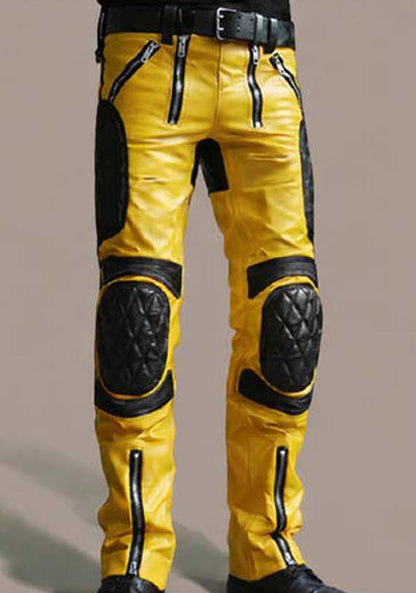 Yellow and Black Leather Biker Pants Quilted Knee