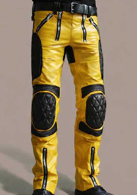 Yellow and Black Leather Biker Pants Quilted Knee