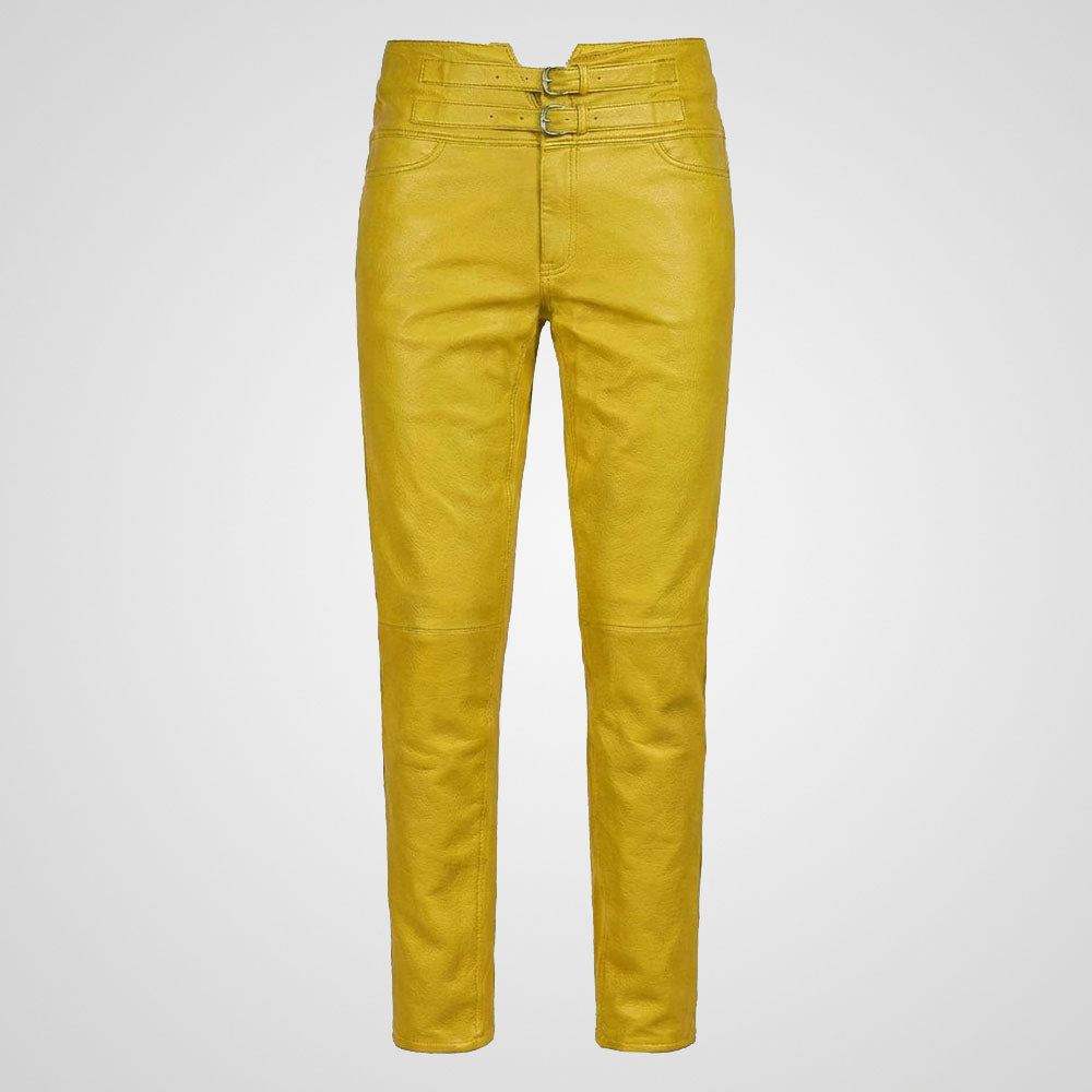 Yellow genuine leather pants with slim fit modern cut