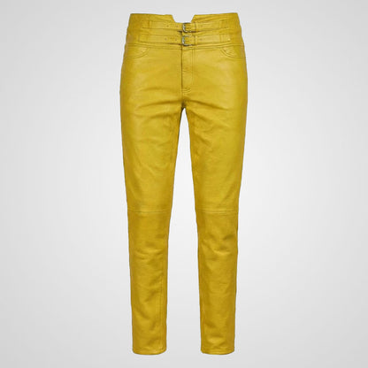 Yellow genuine leather pants with slim fit modern cut