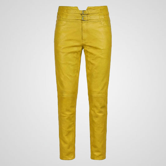 Yellow genuine leather pants with slim fit modern cut