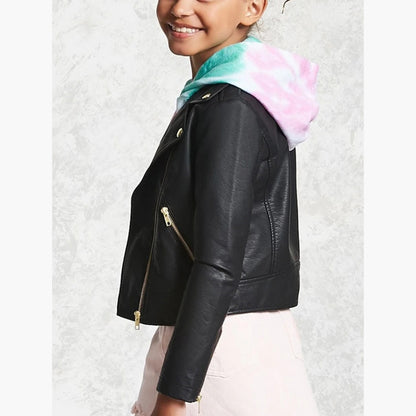 Zipper Front Black Leather Moto Jacket for Girls