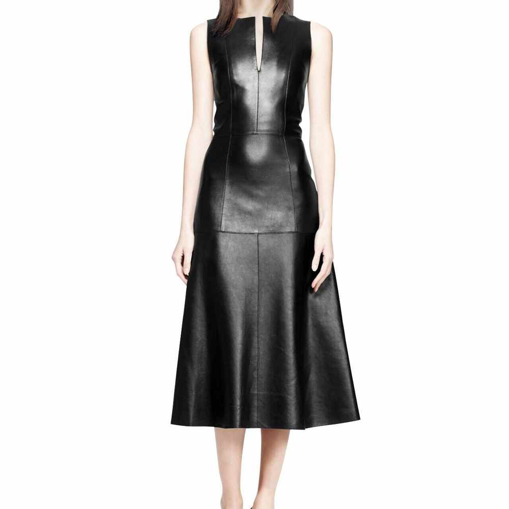 Women Black Leather Long Party Dress Coat