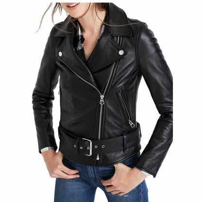 Women Fashion Motorcycle Slim Fit Black Real Leather Jacket