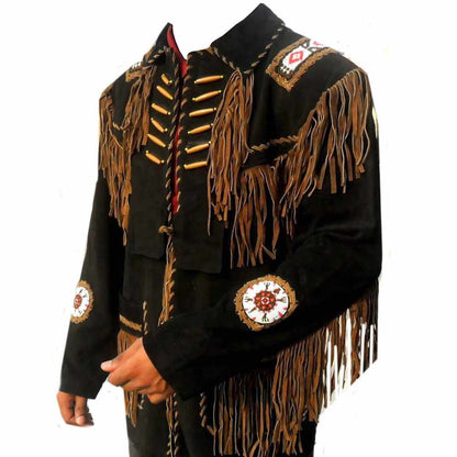 Native American Mens Black Western Suede Fringe Leather Jacket