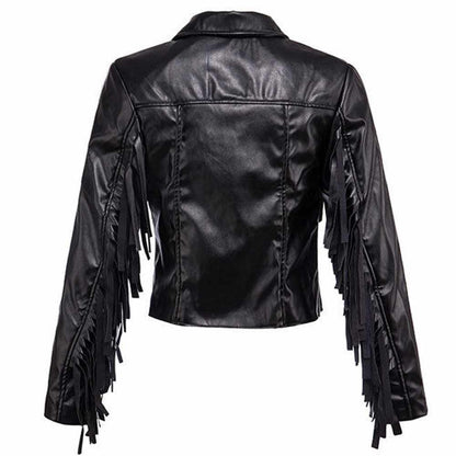 Black Bomber Fashion Fringe Leather Jacket Women