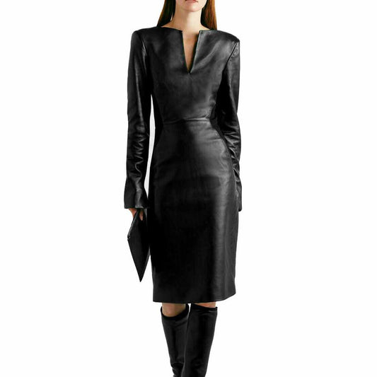 V Neck Cocktail Party Leather Dress For Women