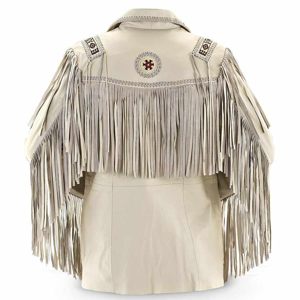Native American Western Leather Beige Fringe Bones Suede Leather Jacket Mens