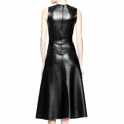 Women Black Leather Long Party Dress Coat