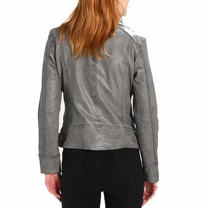 Elegant Stylish Gray Motorcycle Fashion Leather Jacket Women