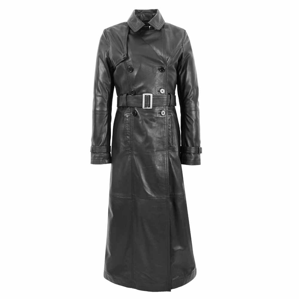 Women Full Length Black Leather Trench Coat Matrix Trinity Long Coat