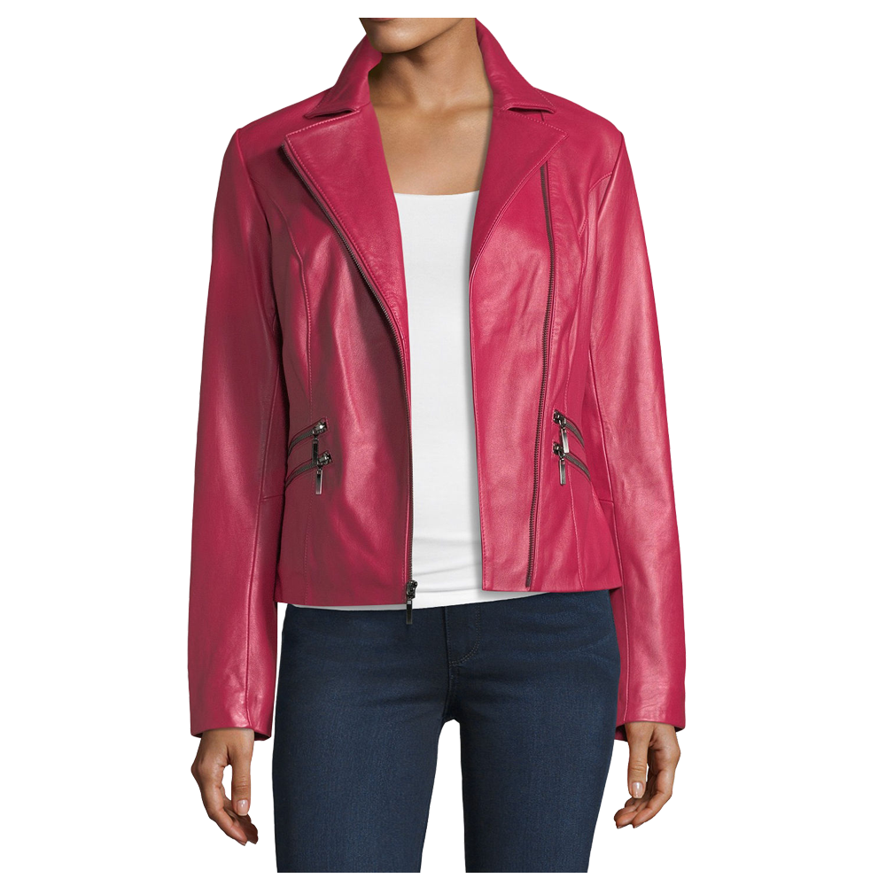 Pink Lambskin Women Biker Leather Jacket
