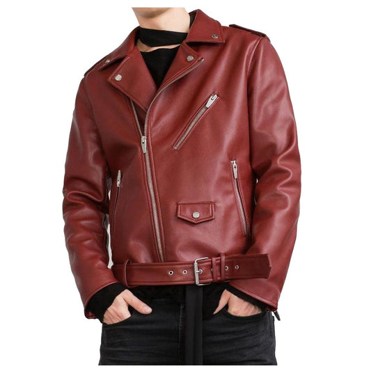 Men Slim Fit Glossy Red USA Biker Leather Jacket