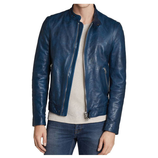 Slim Fit Blue Biker Fashion Leather Jacket Mens