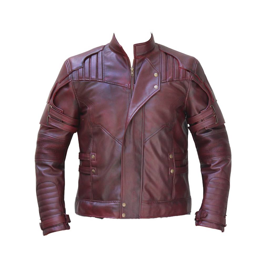 Men Burgundy Lapel Strips Military Leather Jacket