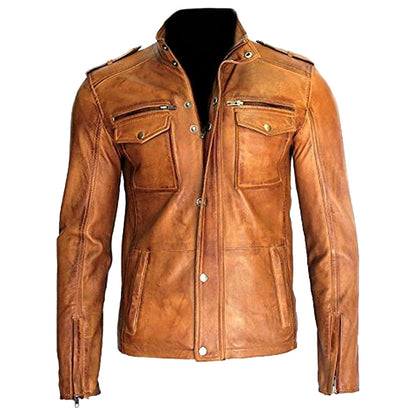 Men Fashion Real Lambskin Tan Leather Waxed Moto Jacket