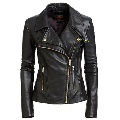 Women Motorcycle Rider Golden Button Black Leather Jacket
