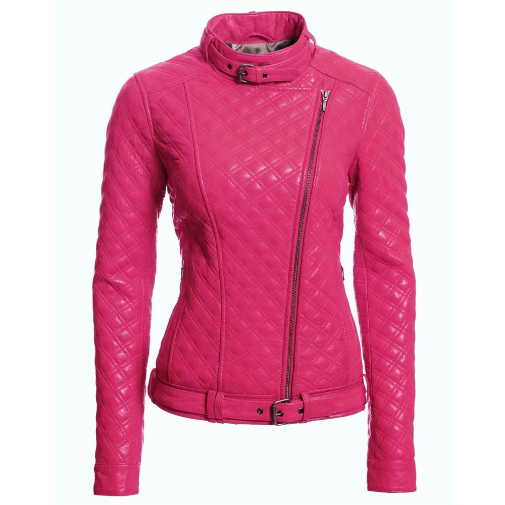 Women Shocking Pink Fashion Biker Leather Jacket
