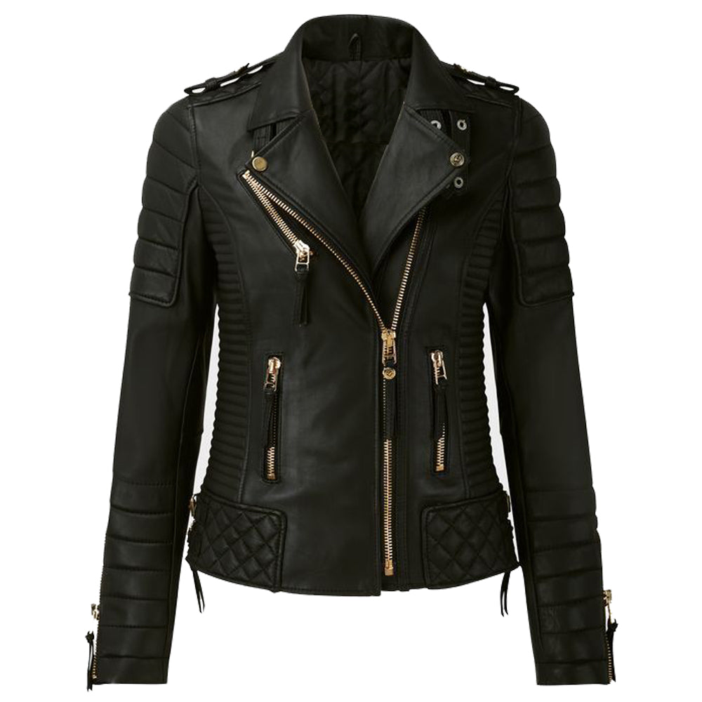 Women Motorcycle Classic Fashion Golden Zipper Leather Jacket