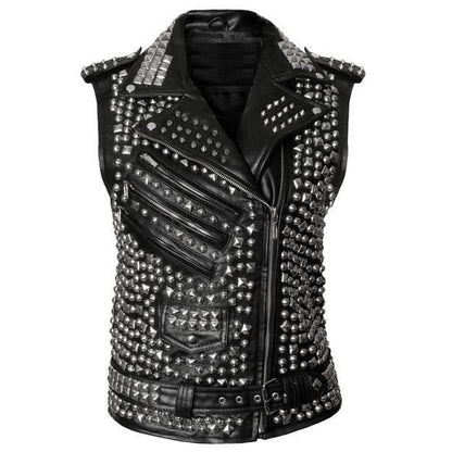 Women Studded Leather Vest Spike Belted Punk Goth