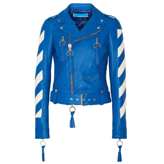 Women Cropped Blue Genuine Leather Fashion Jacket