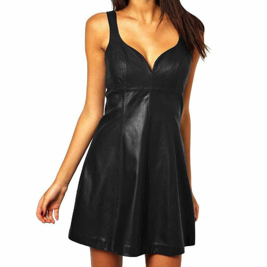 Mid Night Black Leather Dance Party Mini Dress For Women