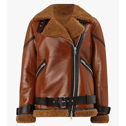 Women Brown B3 Shearling Biker Leather Jacket