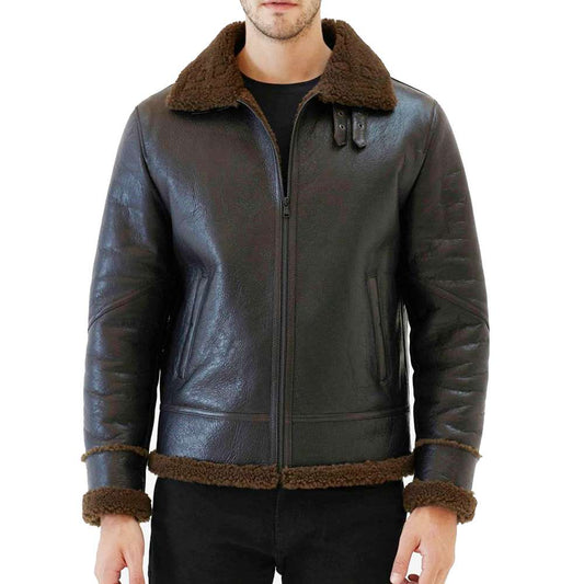 Mens Tobacco Brown Aviator Shearling Bomber Jacket