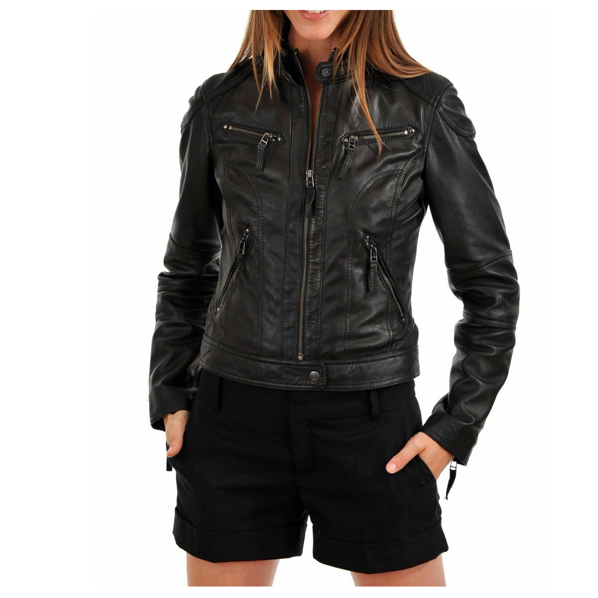 Women Biker Fashion Lambskin Leather Jacket For Sale