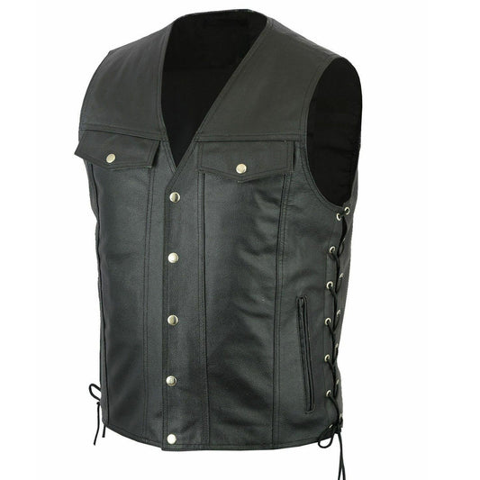 Men Side Laces V Neck Motorcycle Leather Vest